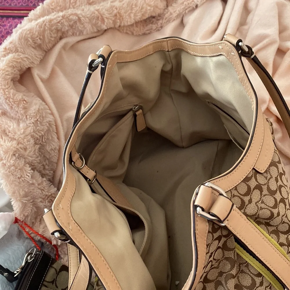 Coach purse. Signature Devin. Brown with blue and yellow stripe. - Picture 6 of 8